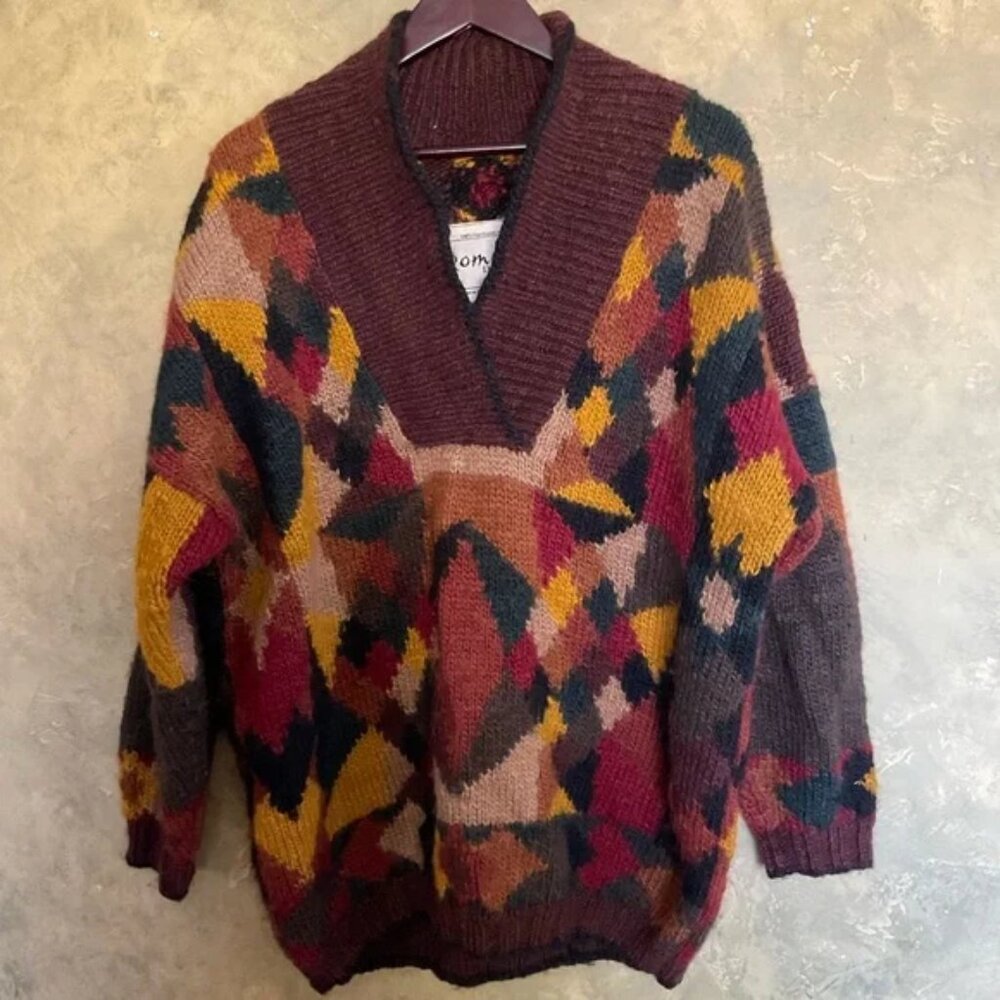Romney Designs Geometric Artisan Knit Wool Shawl Collar Sweater